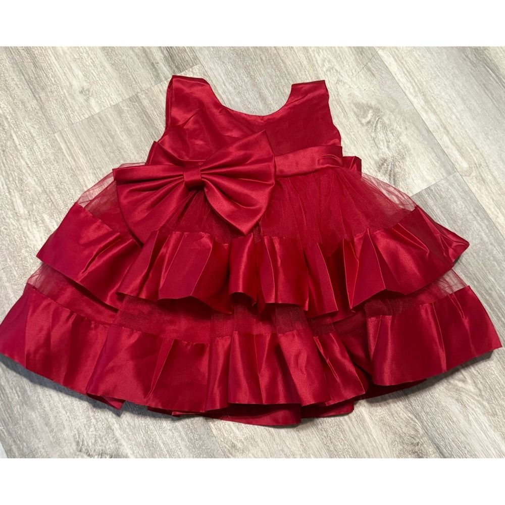Baby Girls Red Satin Tulle Party Dress Bow Ruffles Special Occasion Size 70